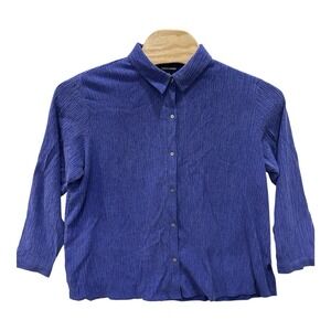 Eileen Fisher Woven Plisse Classic‎ Collar Shirt XL Blue Long Sleeve Minimalist